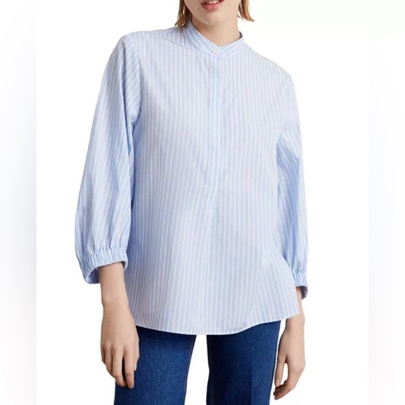 GERARD DAREL Cotton Calicia Striped Button Up Blue Blouse Preppy Old Money Sz M - Picture 2 of 8
